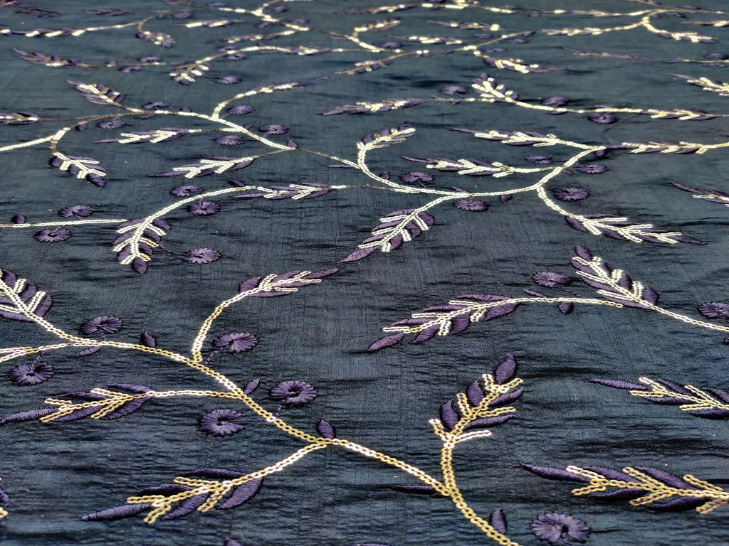 Dark Blue Thread and Sequins Flowers Embroidered Chanderi Fabric
