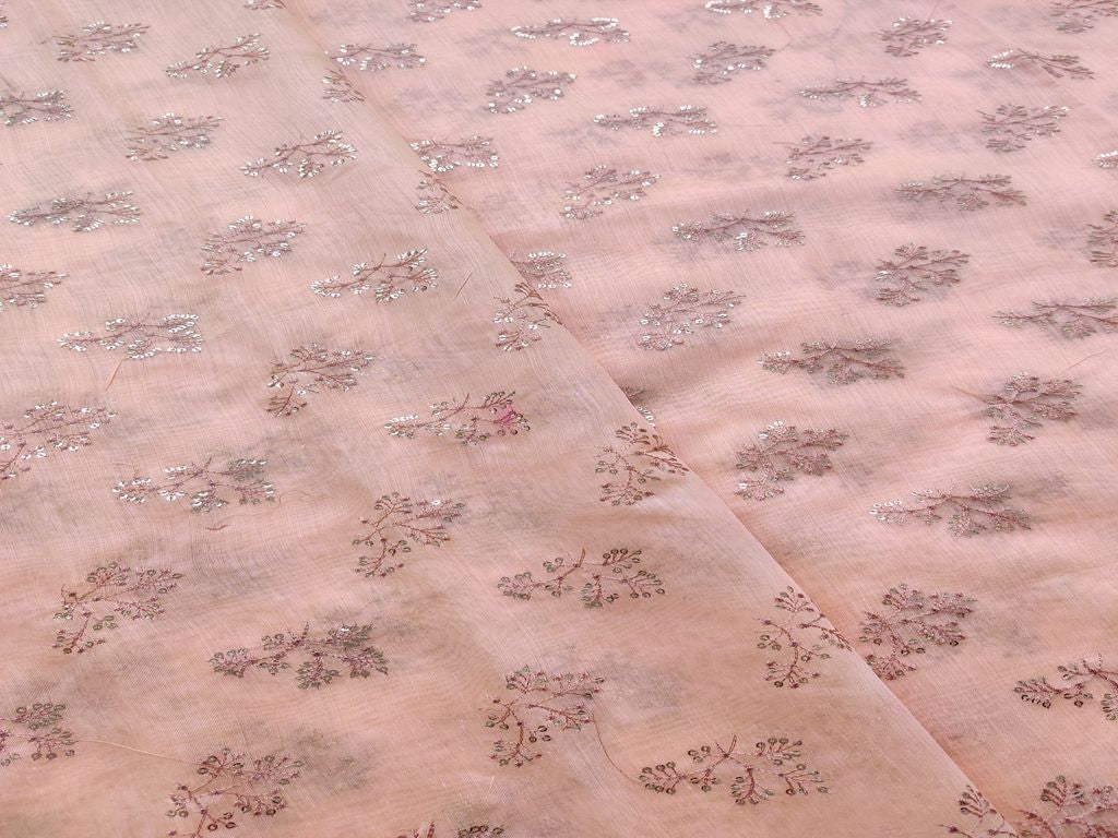 Peach Silver Sequins Flowers Embroidered Chanderi Fabric