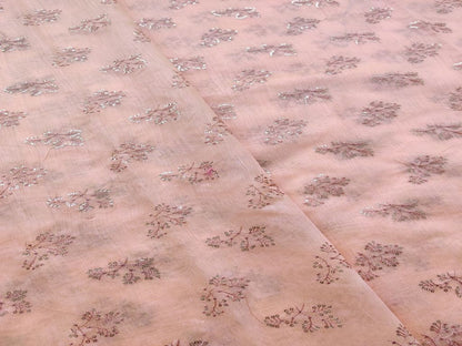 Peach Silver Sequins Flowers Embroidered Chanderi Fabric