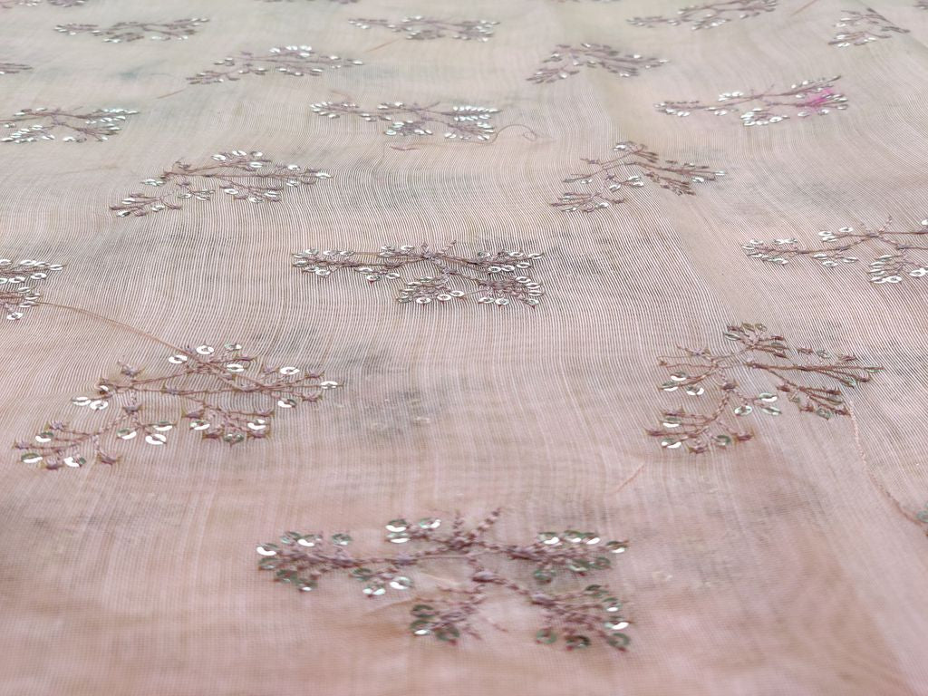 Peach Silver Sequins Flowers Embroidered Chanderi Fabric