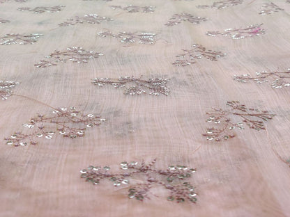 Peach Silver Sequins Flowers Embroidered Chanderi Fabric