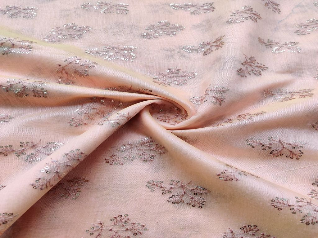 Peach Silver Sequins Flowers Embroidered Chanderi Fabric