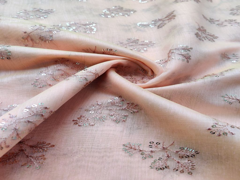 Peach Silver Sequins Flowers Embroidered Chanderi Fabric