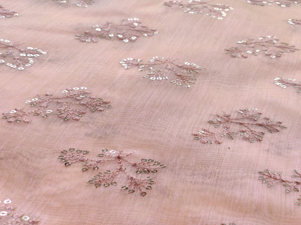 Peach Silver Sequins Flowers Embroidered Chanderi Fabric