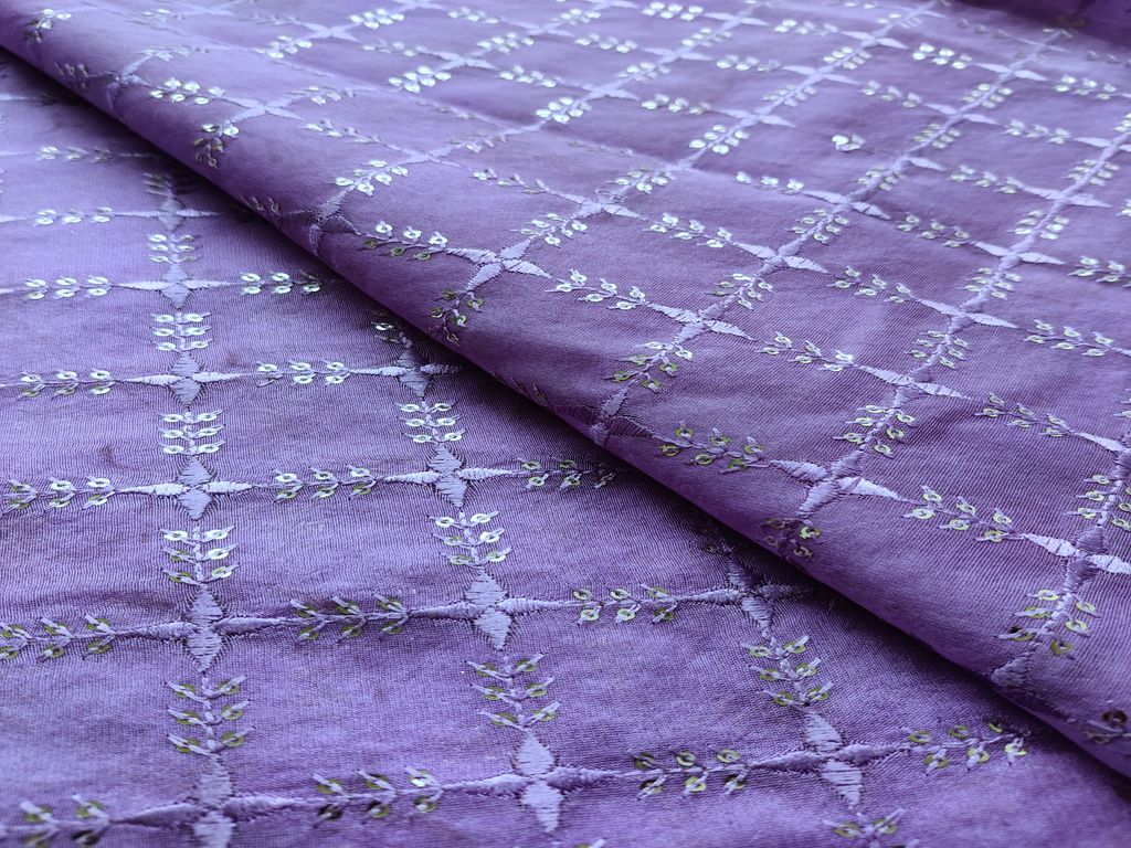 Mauve Purple Floral Thread and Sequins Embroidered Chanderi Fabric