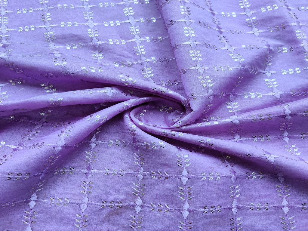 Mauve Purple Floral Thread and Sequins Embroidered Chanderi Fabric