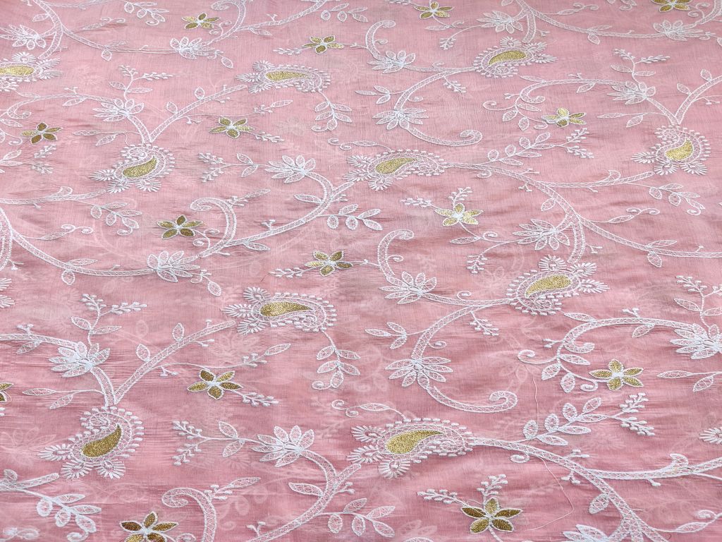 Peach Paisley Chikankari Embroidered Chanderi Fabric