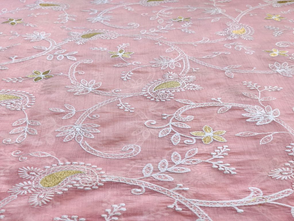Peach Paisley Chikankari Embroidered Chanderi Fabric