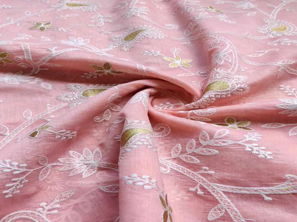 Peach Paisley Chikankari Embroidered Chanderi Fabric