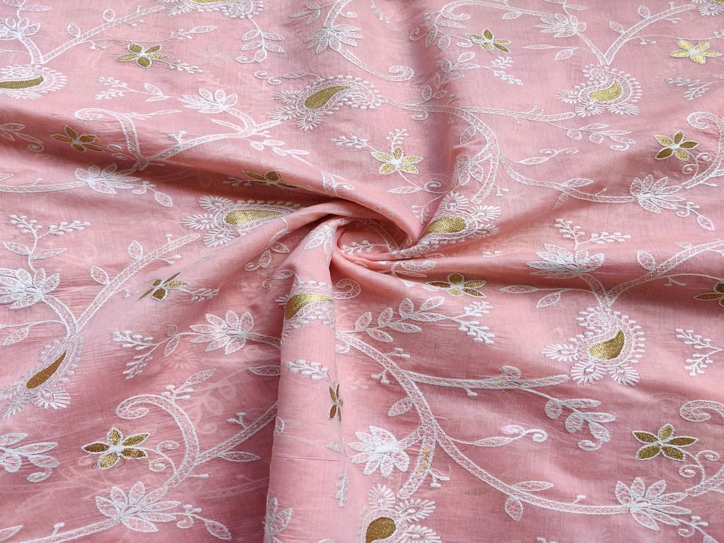 Peach Paisley Chikankari Embroidered Chanderi Fabric