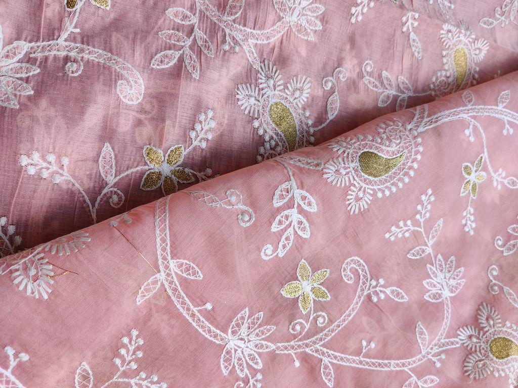 Peach Paisley Chikankari Embroidered Chanderi Fabric