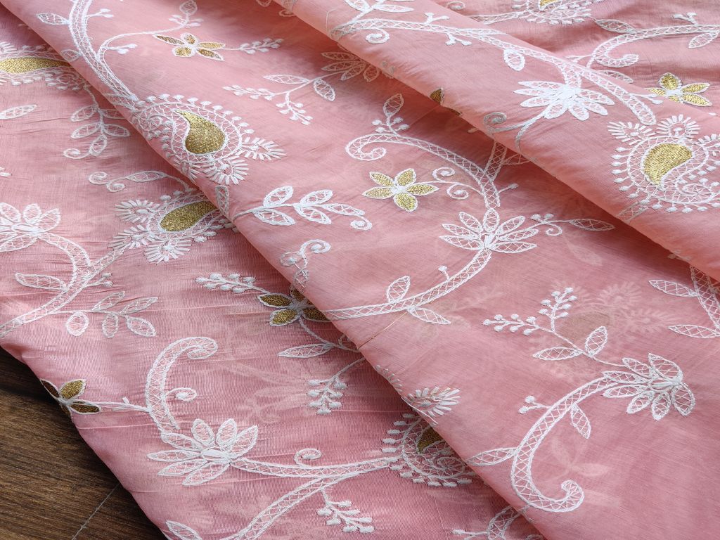 Peach Paisley Chikankari Embroidered Chanderi Fabric