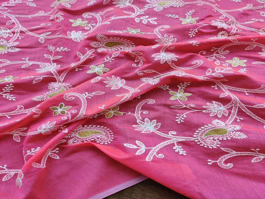 Rose Pink Chikankari Flowers Embroidered Chanderi Fabric