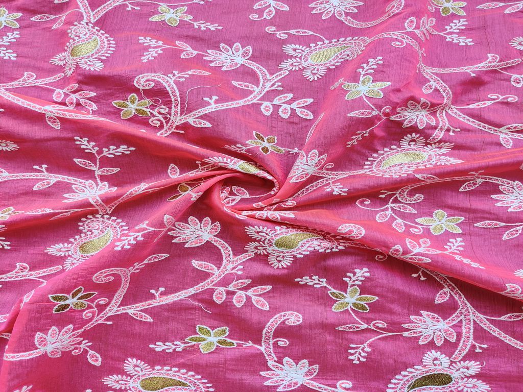 Rose Pink Chikankari Flowers Embroidered Chanderi Fabric