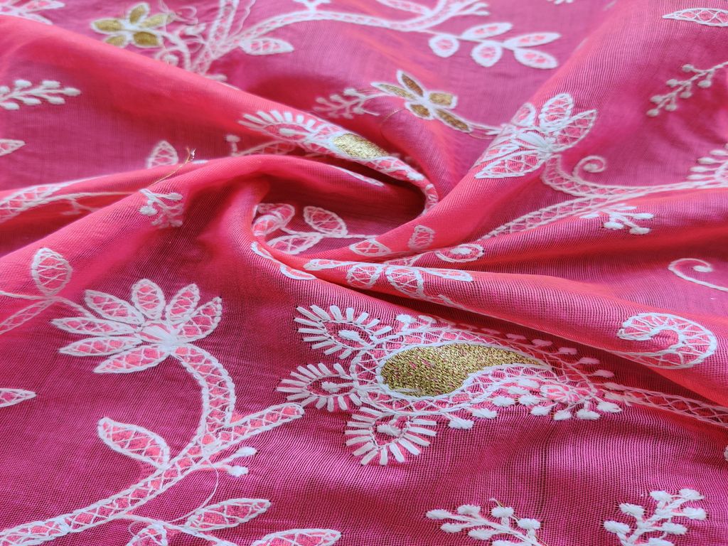Rose Pink Chikankari Flowers Embroidered Chanderi Fabric