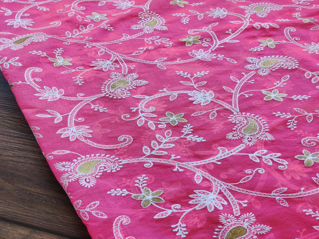 Rose Pink Chikankari Flowers Embroidered Chanderi Fabric