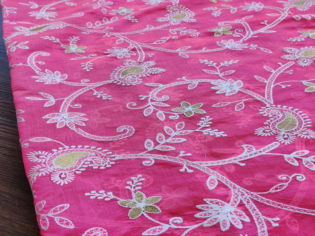 Rose Pink Chikankari Flowers Embroidered Chanderi Fabric