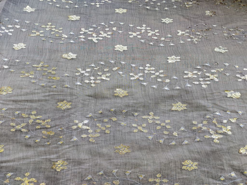 Gray Foil Gota Flowers Embroidered Chanderi Fabric