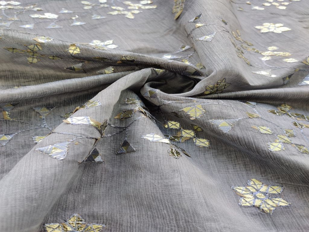 Gray Foil Gota Flowers Embroidered Chanderi Fabric