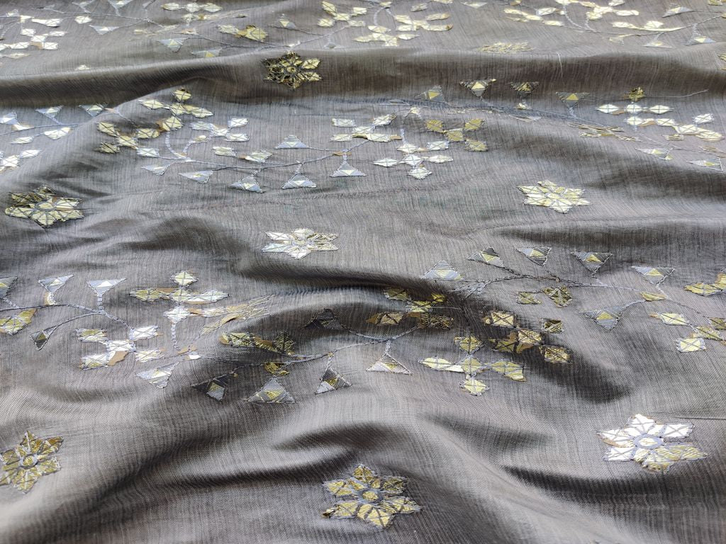 Gray Foil Gota Flowers Embroidered Chanderi Fabric