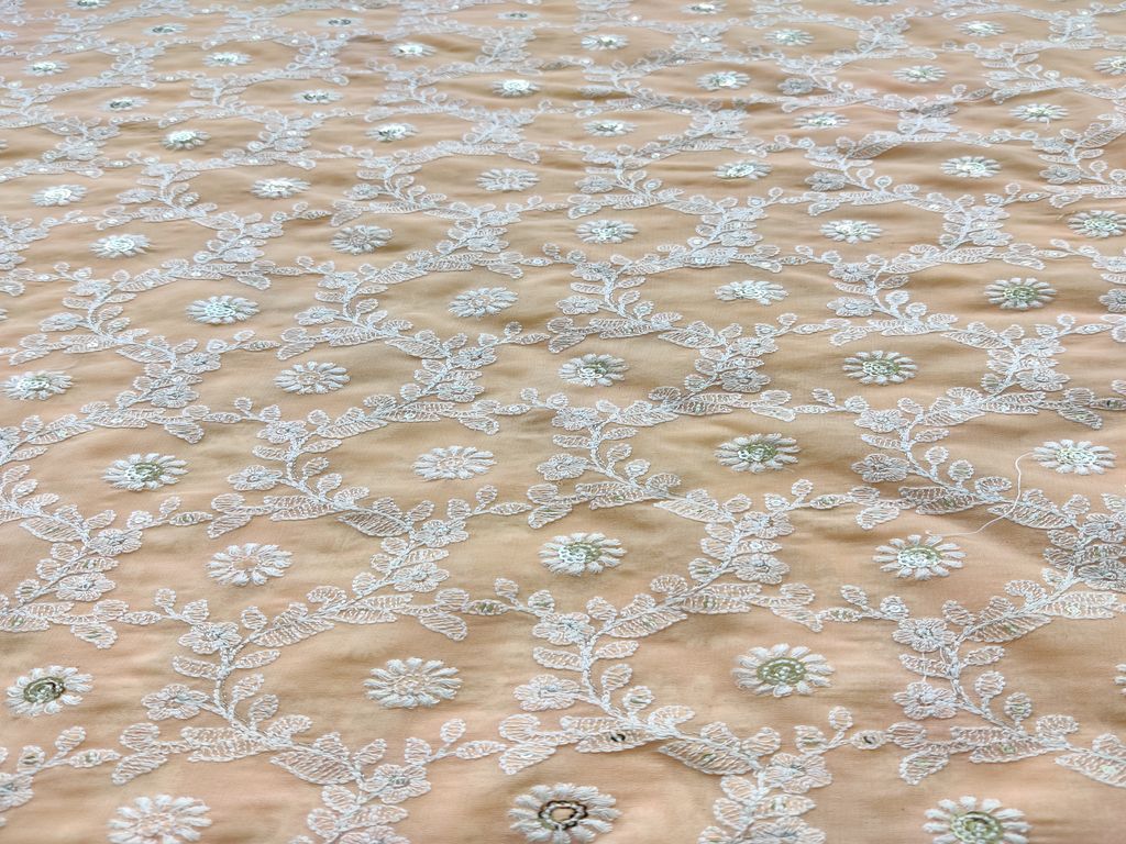 Peach White Sequins Flowers Chikankari Embroidered Georgette Fabric