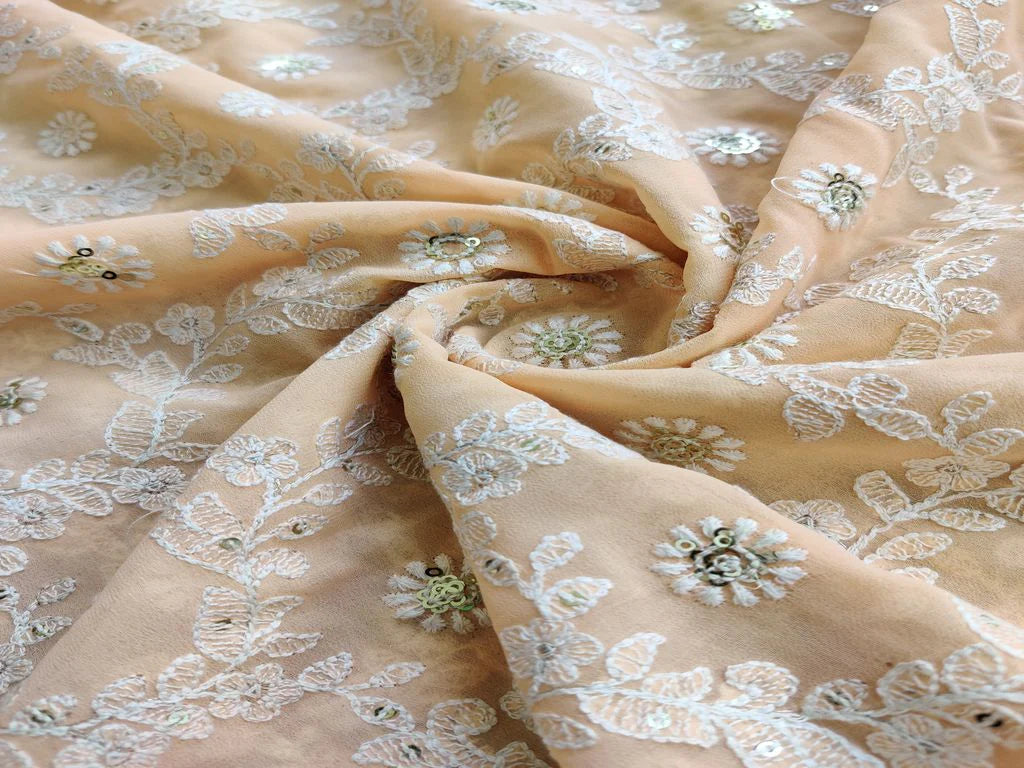 Peach White Sequins Flowers Chikankari Embroidered Georgette Fabric