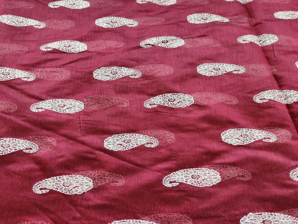 Maroon White Paisleys Lakhnawi Embroidered Chanderi Fabric