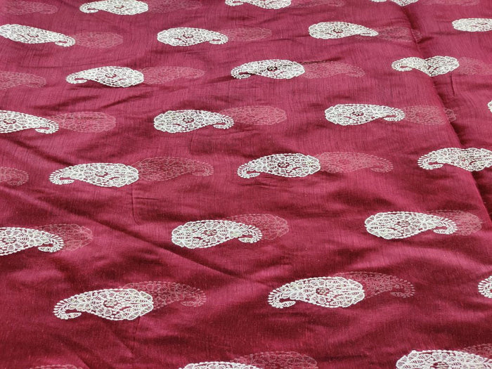 Maroon White Paisleys Lakhnawi Embroidered Chanderi Fabric