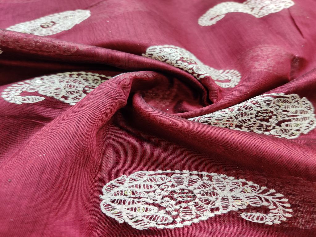 Maroon White Paisleys Lakhnawi Embroidered Chanderi Fabric