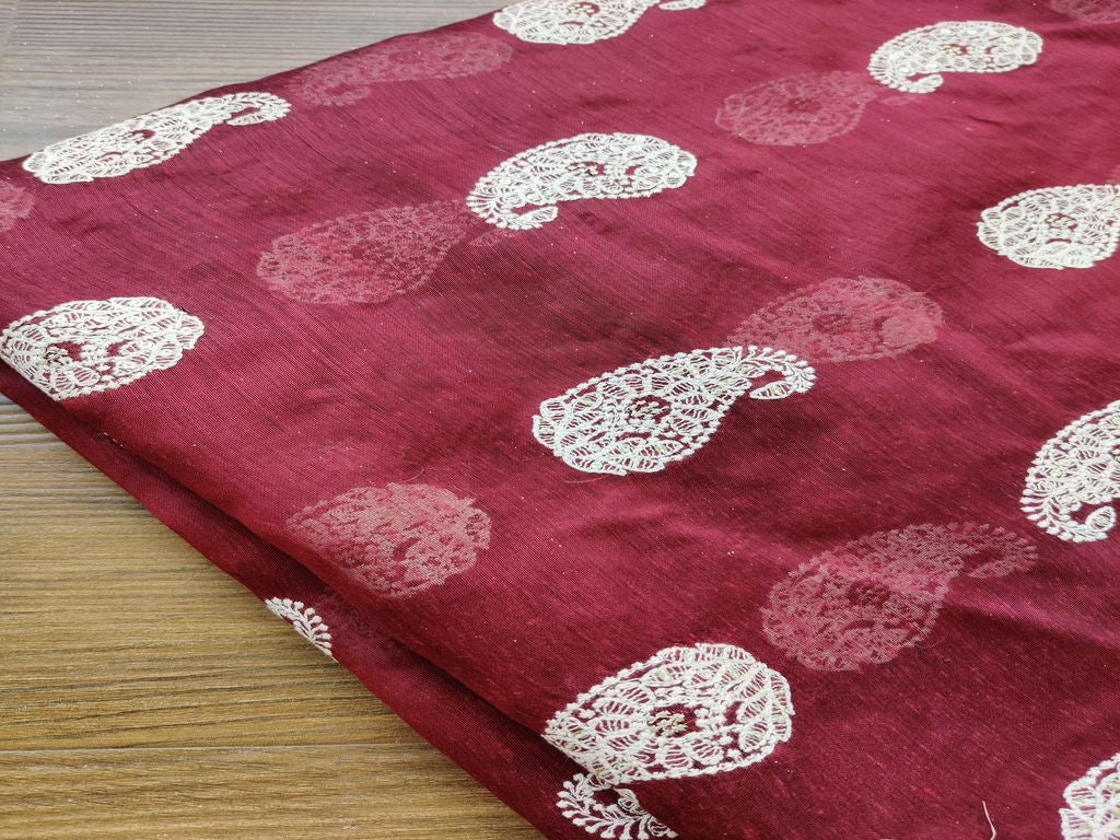 Maroon White Paisleys Lakhnawi Embroidered Chanderi Fabric