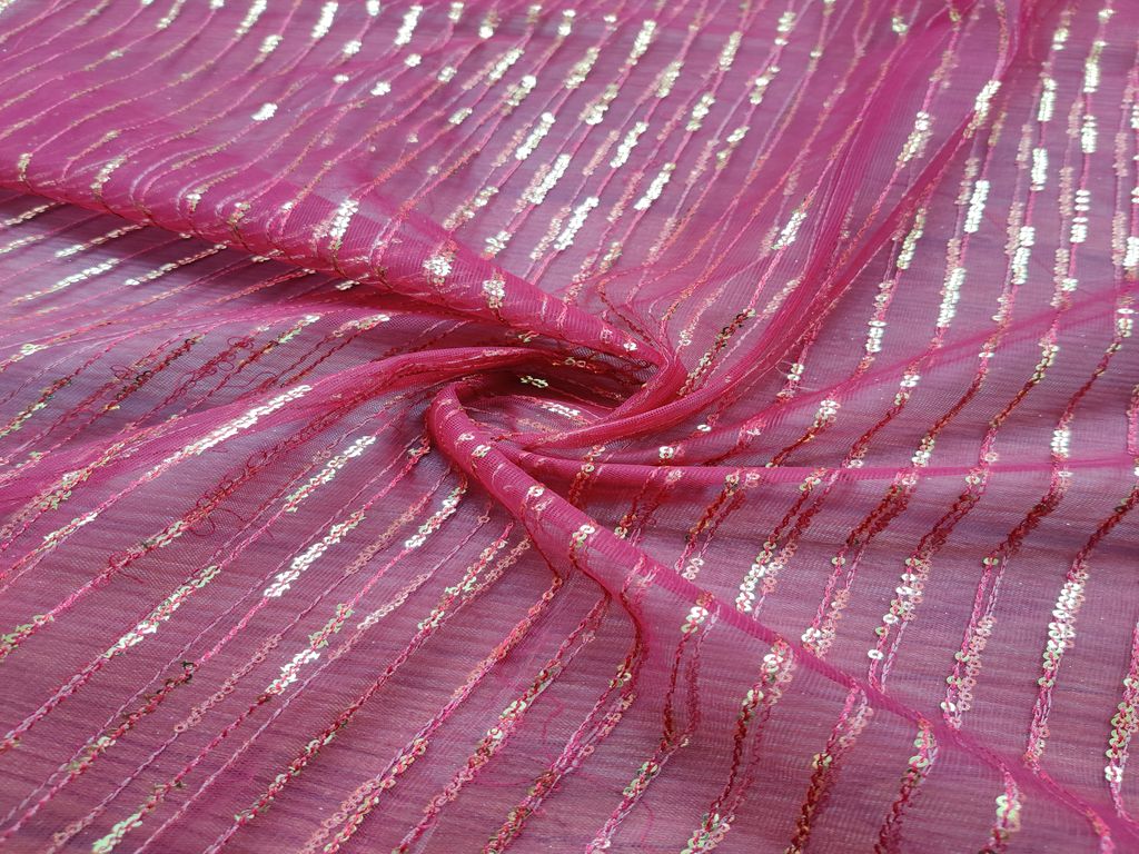 Maroon Golden Sequins Stripes Embroidered Net Fabric
