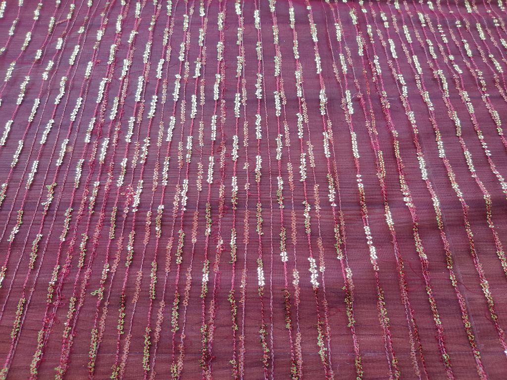 Maroon Golden Sequins Stripes Embroidered Net Fabric