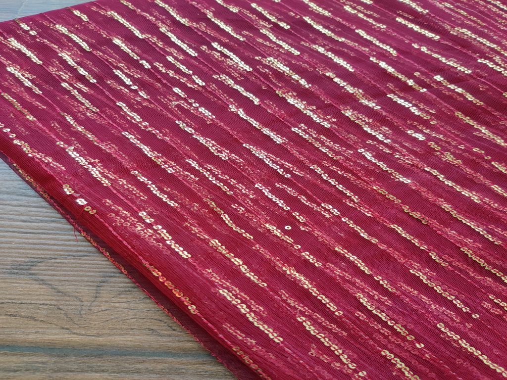 Maroon Golden Sequins Stripes Embroidered Net Fabric
