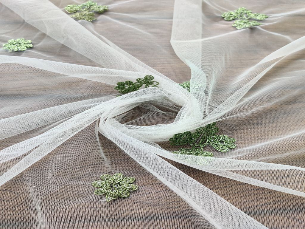 White Green Thread Flowers Embroidered Mono Net Fabric