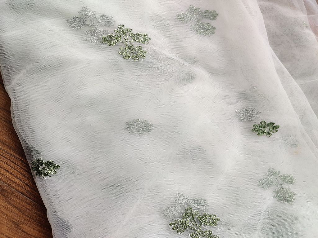 White Green Thread Flowers Embroidered Mono Net Fabric