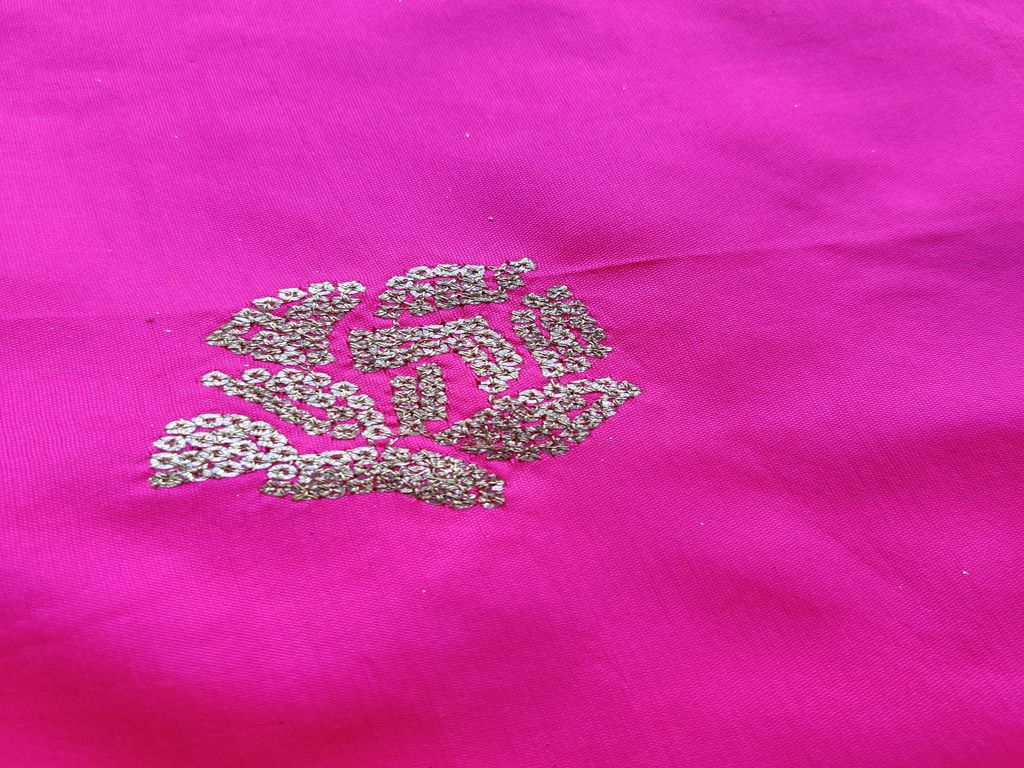 Hot Pink Golden Sequins Flowers Embroidered Taffeta Silk Fabric