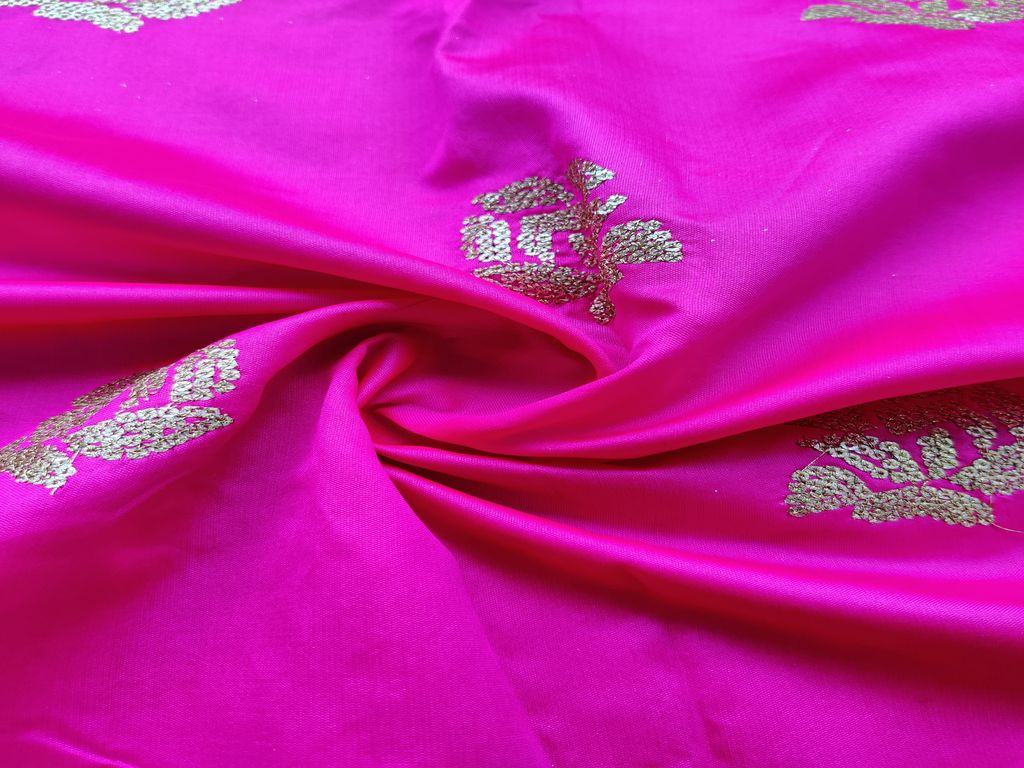Hot Pink Golden Sequins Flowers Embroidered Taffeta Silk Fabric