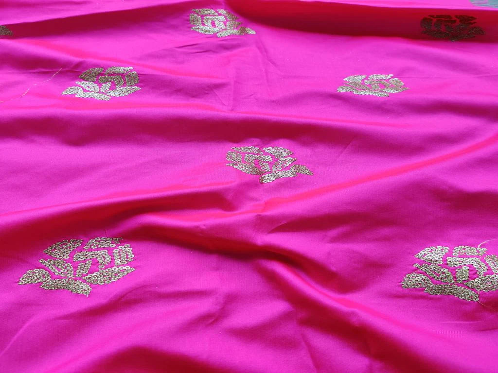 Hot Pink Golden Sequins Flowers Embroidered Taffeta Silk Fabric