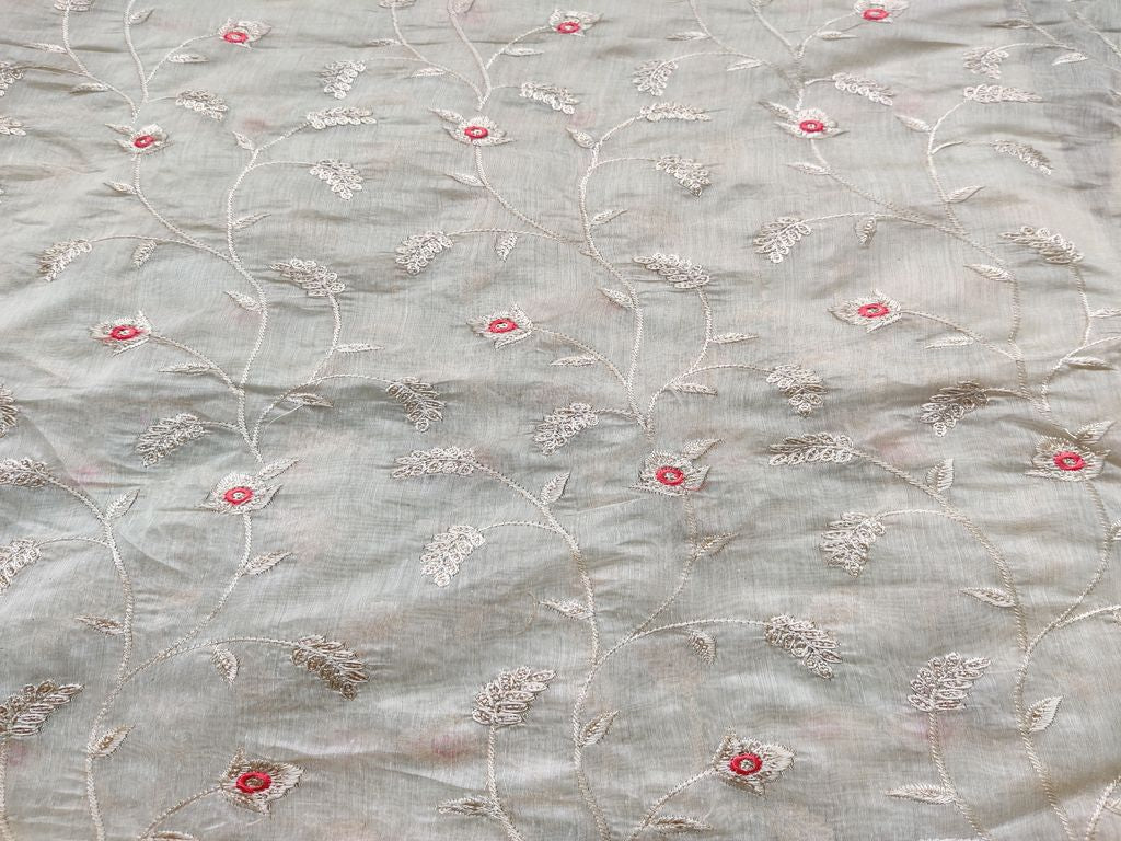 Beige Rose Gold Thread and Sequins Flowers Embroidered Chanderi Fabric