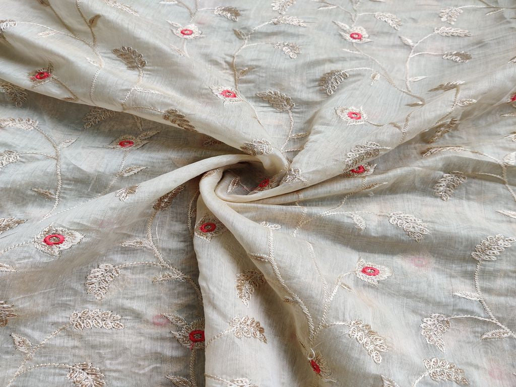 Beige Rose Gold Thread and Sequins Flowers Embroidered Chanderi Fabric