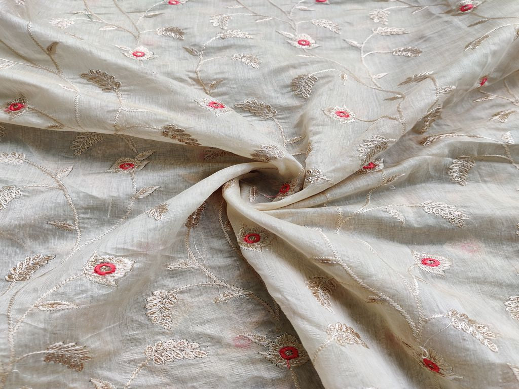 Beige Rose Gold Thread and Sequins Flowers Embroidered Chanderi Fabric