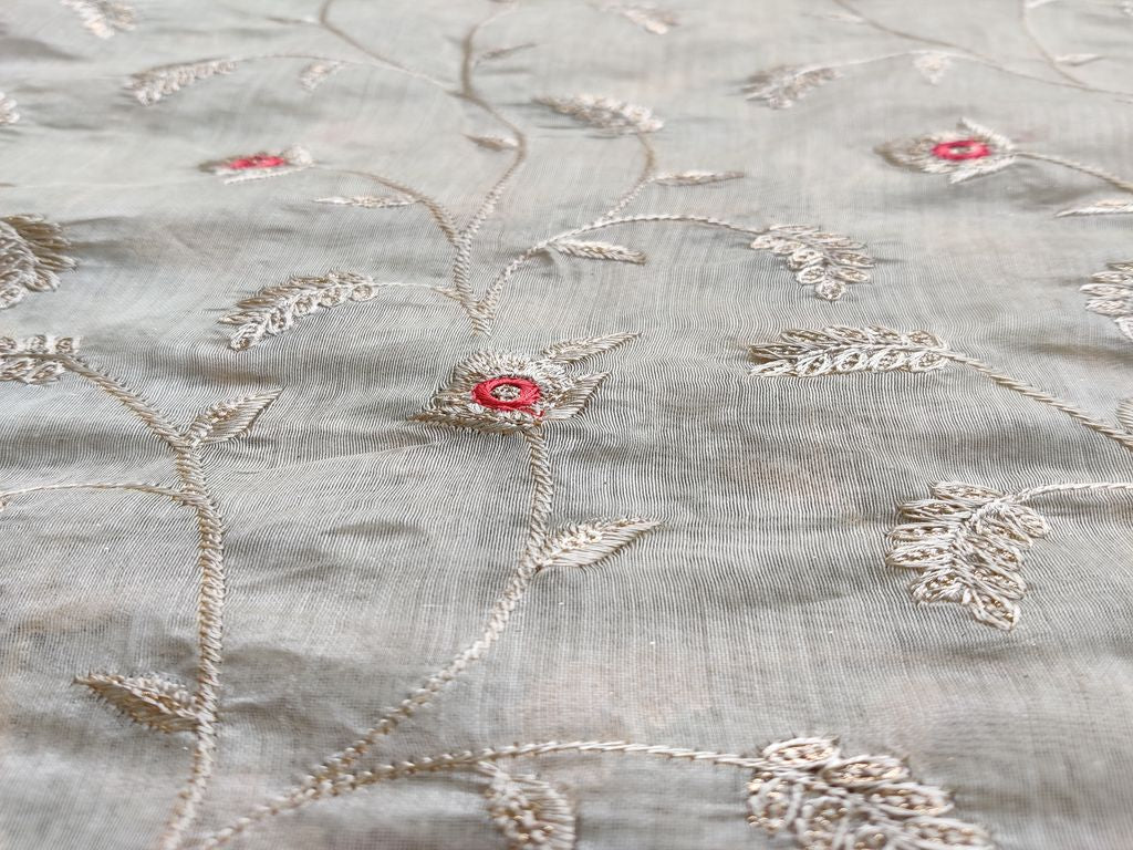 Beige Rose Gold Thread and Sequins Flowers Embroidered Chanderi Fabric