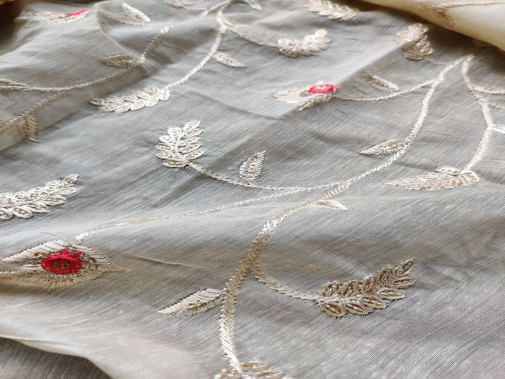Beige Rose Gold Thread and Sequins Flowers Embroidered Chanderi Fabric