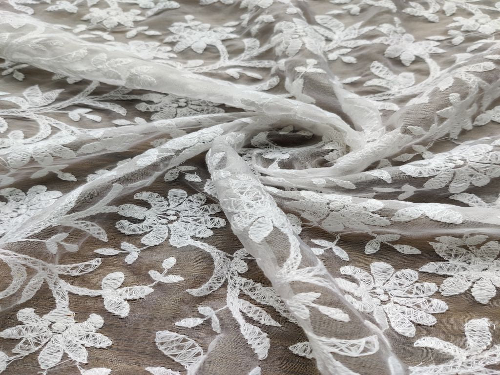 Dyeable White Chikankari Embroidered Organza Fabric
