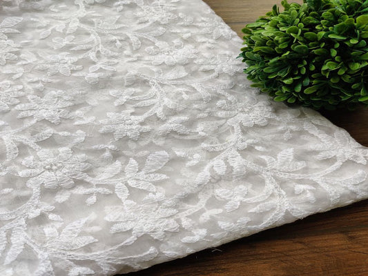 Dyeable White Chikankari Embroidered Organza Fabric