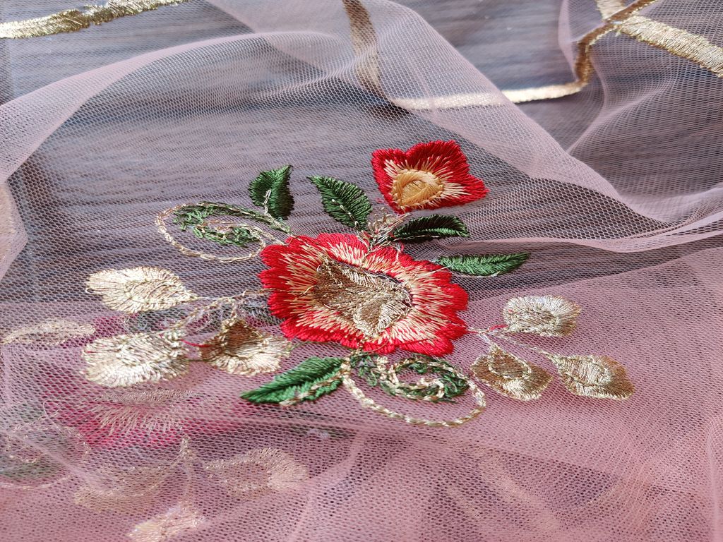 Peach Golden Zari Embroidered Floral Motifs Net