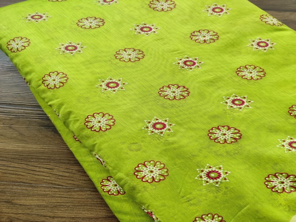 Lime Green Floral Motifs Printed Chanderi Fabric
