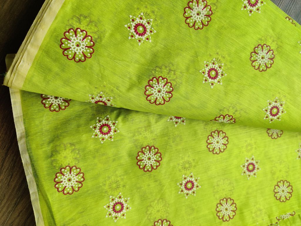 Lime Green Floral Motifs Printed Chanderi Fabric