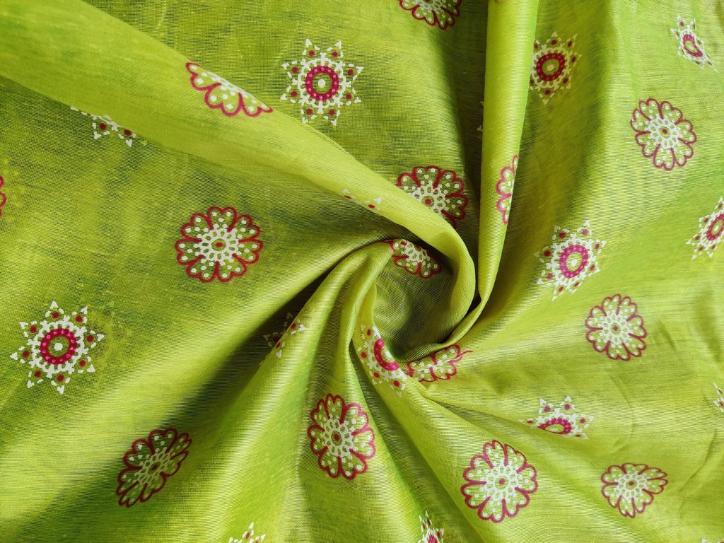 Lime Green Floral Motifs Printed Chanderi Fabric