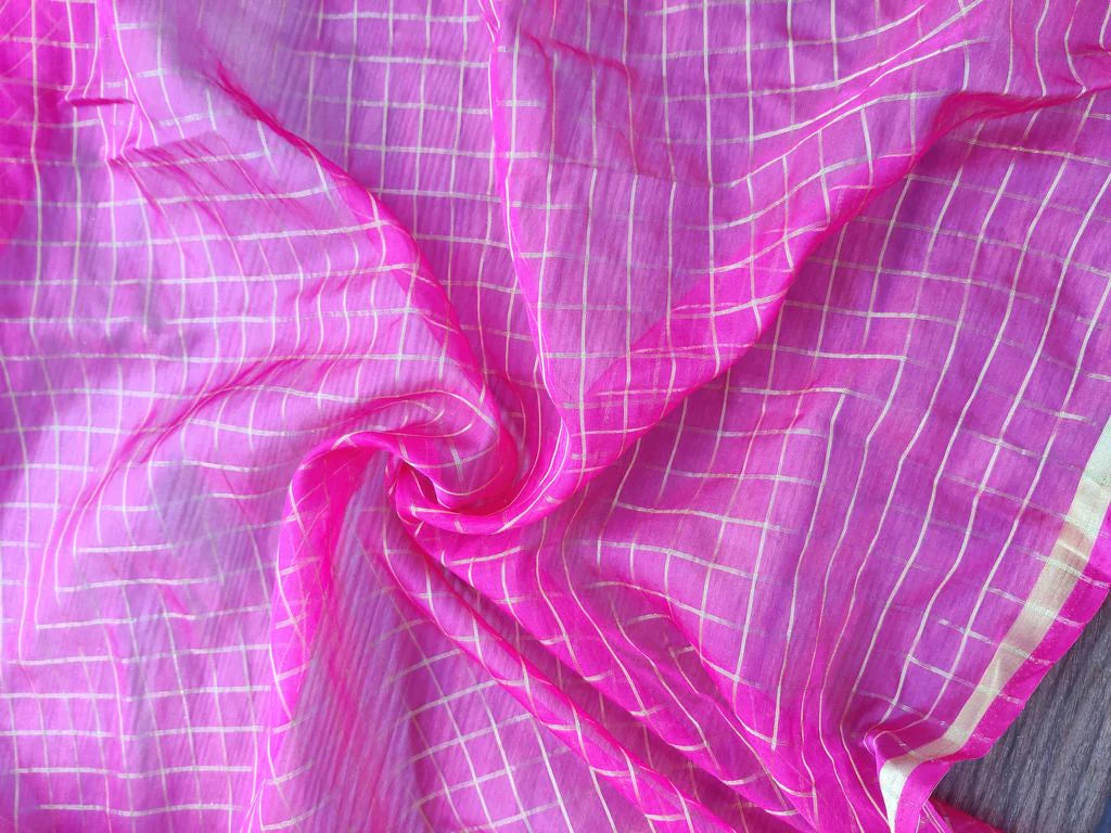 Magenta With Golden Banarsi Checks and Double Sided Border Organza